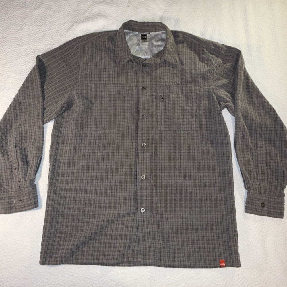 North Face Shirt Mens Large Gray Plaid Short Sleeve Button Up Outdoors Hiking‎